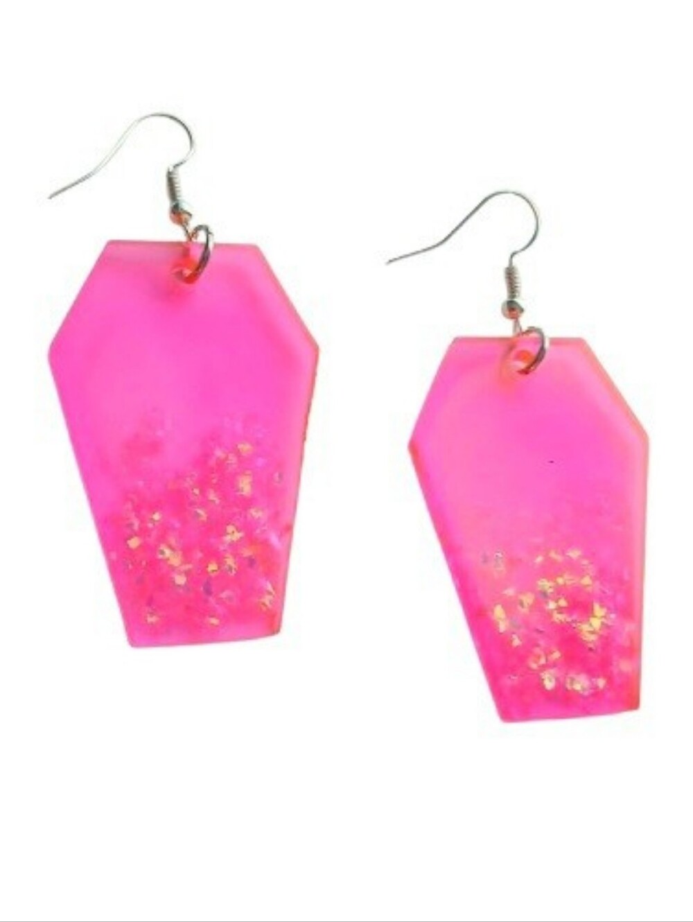 Neon pink iridescent glitter translucent coffin dangle earrings new Halloween